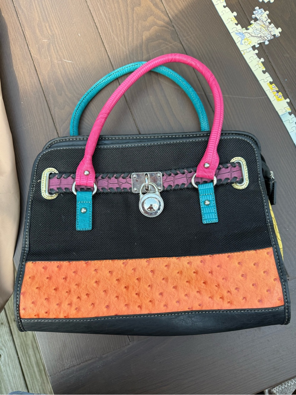 Alba Black Satchel with Pink & Teal Handles and Orange Accent 1980’s retro